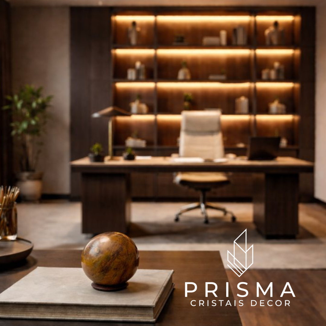 Esfera de Jaspe em escritório executivo sofisticado - decoração premium para ambiente de poder