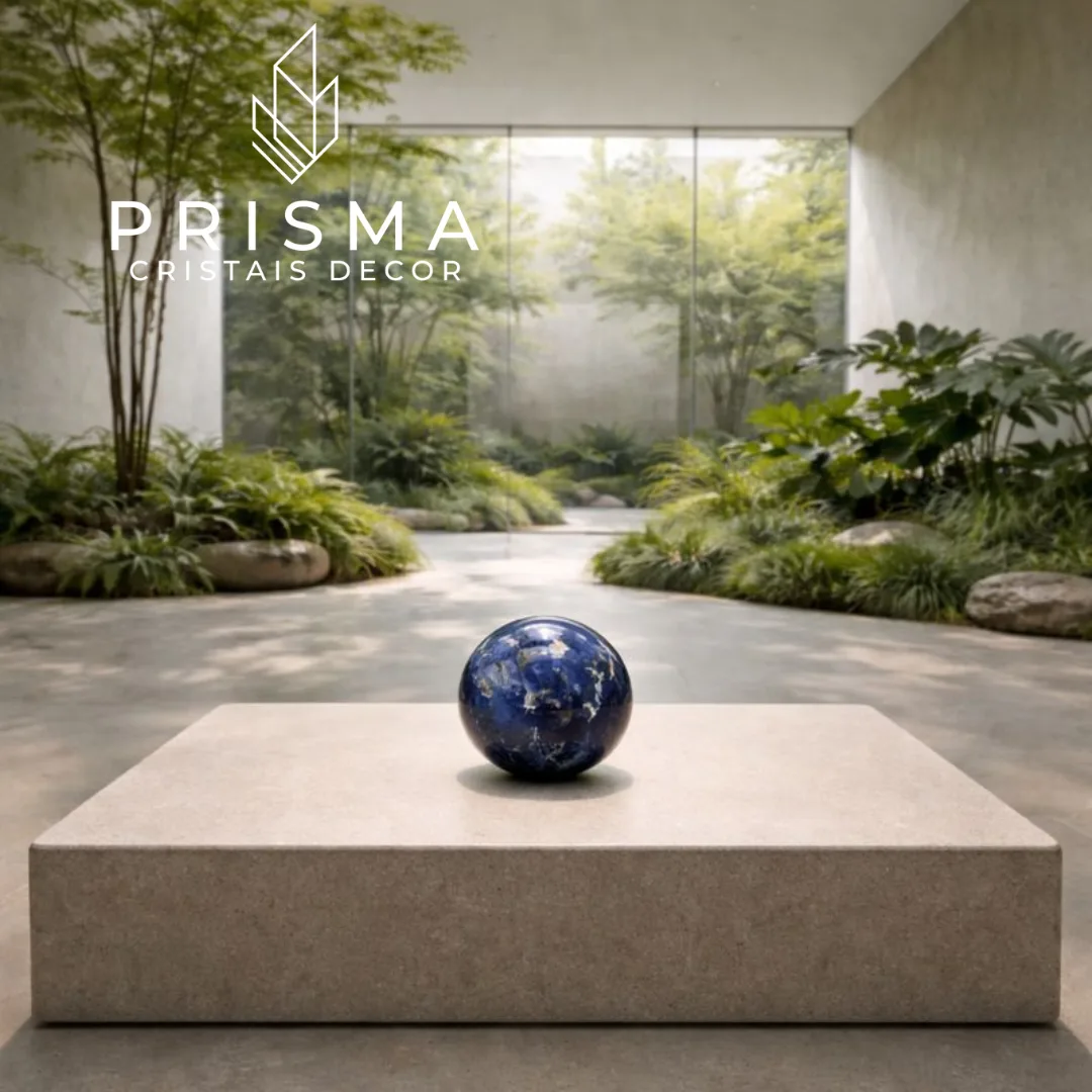 Esfera de Sodalita exibindo veios brancos de feldspato característicos do cristal azul premium