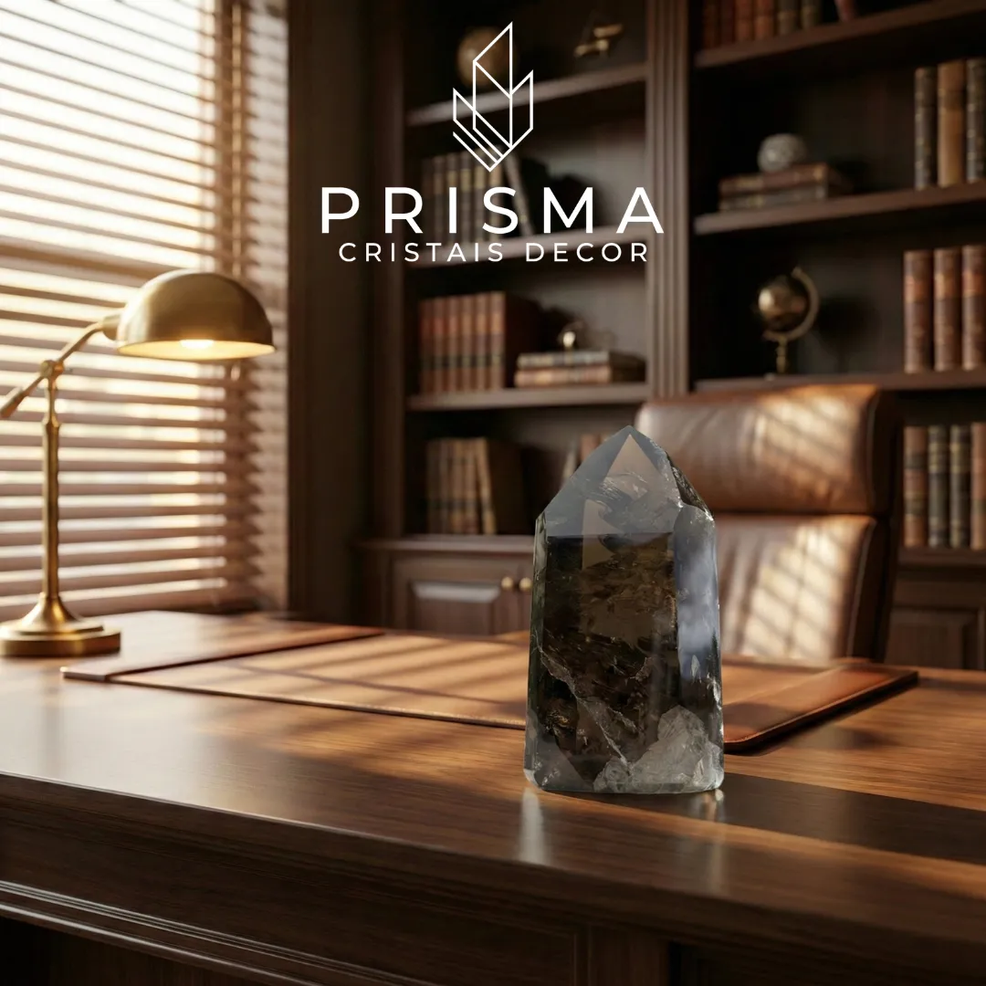 Ponta de Quartzo Fumê sobre mesa de escritório elegante com luminária e estante de livros ao fundo - Prisma Cristais