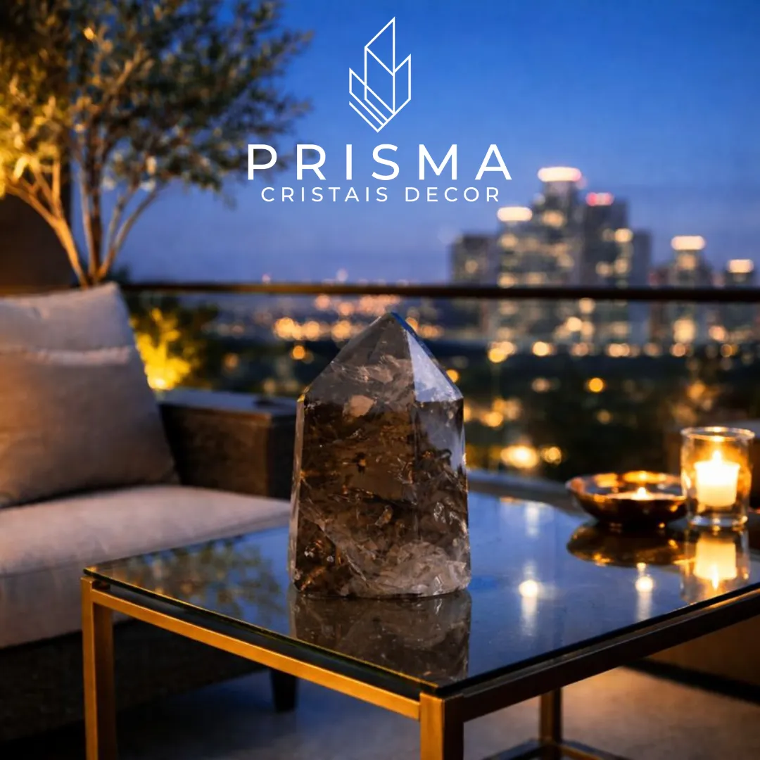 Ponta de Quartzo Fumê em mesa de centro em terraço noturno com luzes da cidade e velas - Prisma Cristais
