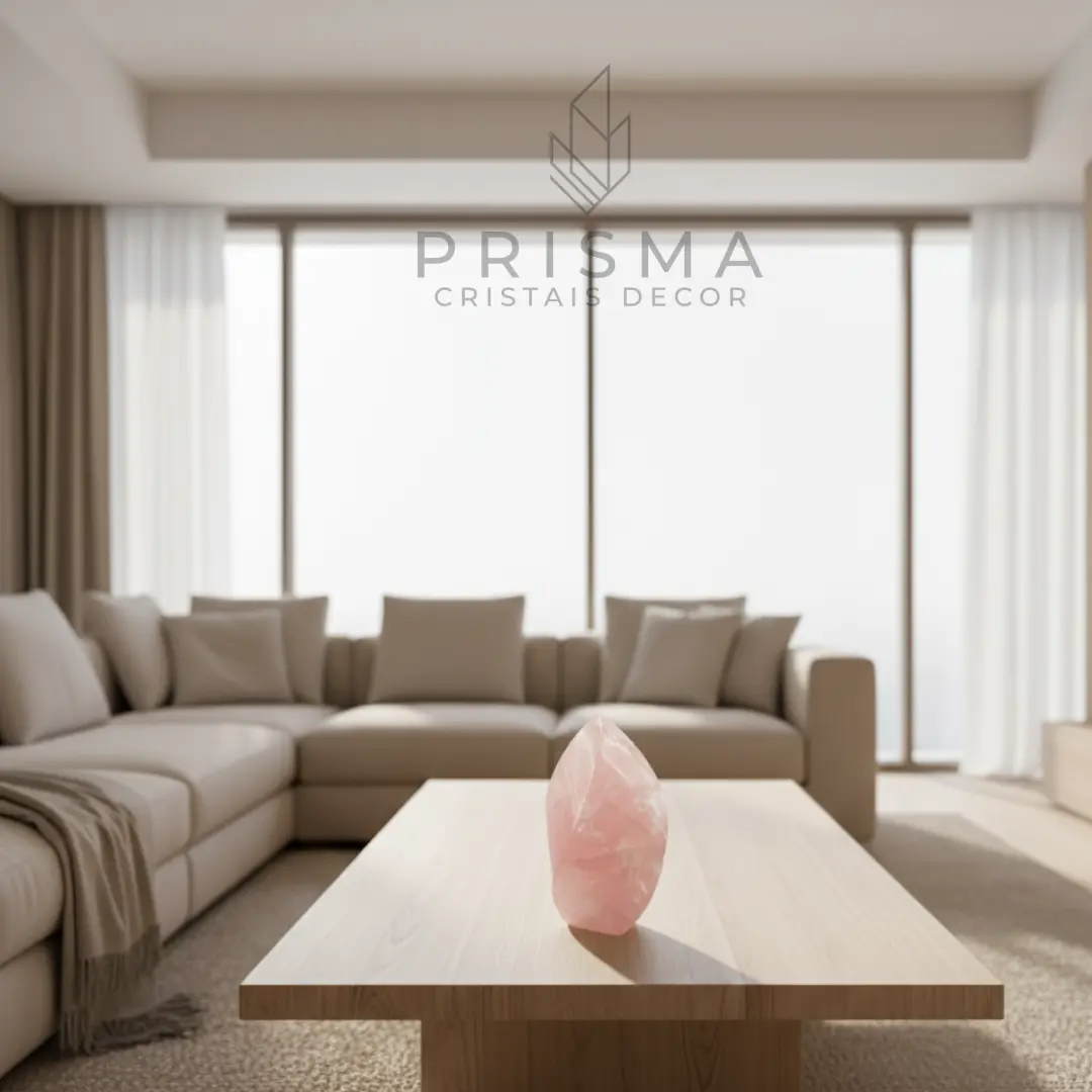 Detalhe da lapidação em forma de chama do quartzo rosa natural — curvas fluidas que evocam uma chama congelada no tempo