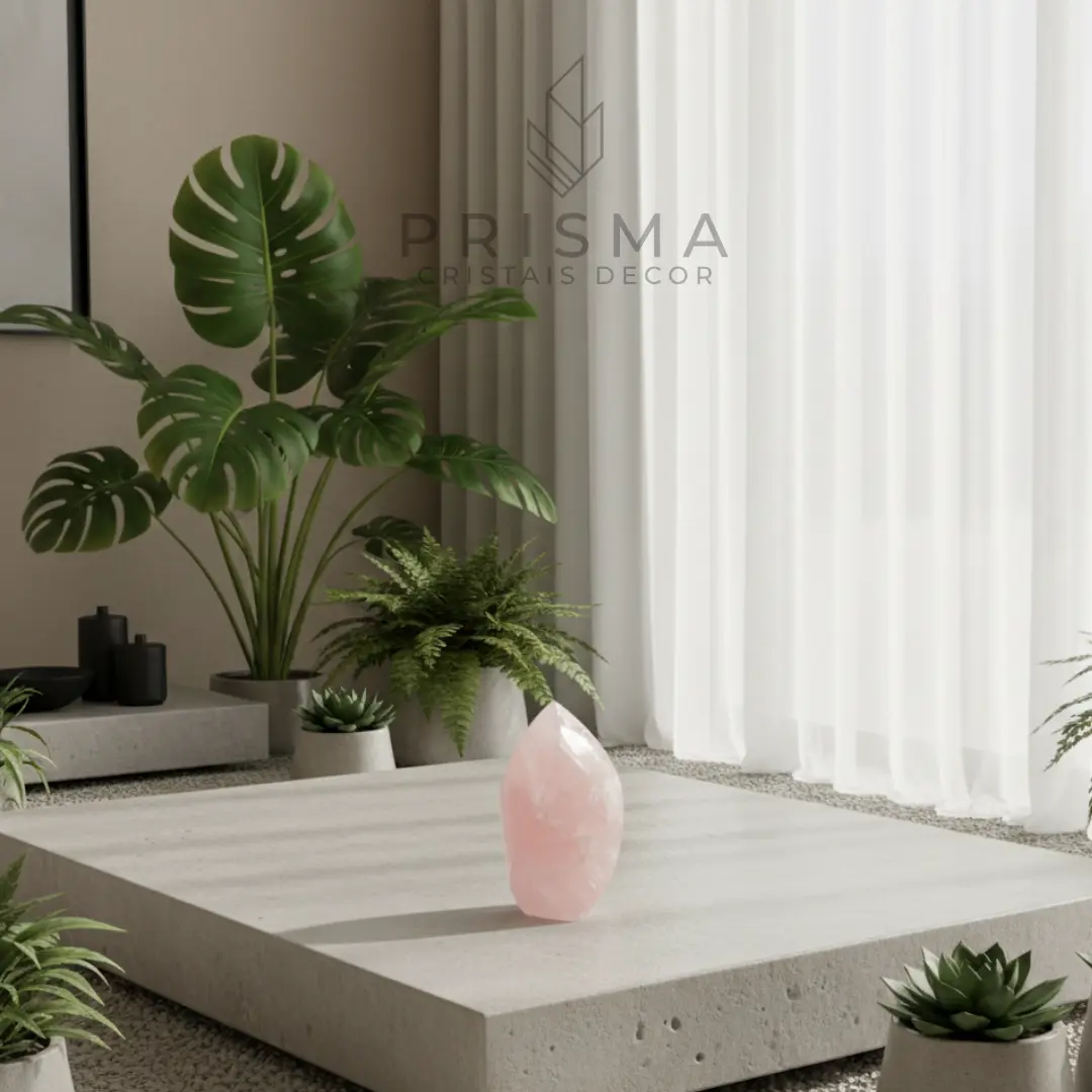 Chama de Fogo de Quartzo Rosa em perspectiva — peça artesanal exclusiva para decoração premium em Nova Lima e região sul de BH