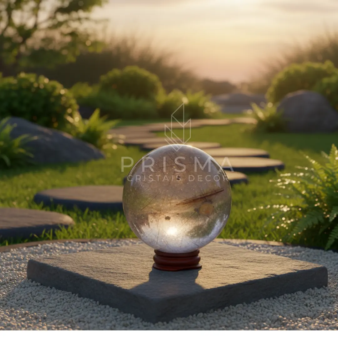 Esfera de Quartzo Fumê com Rútilo em Cobre — filamentos dourados em cristal escuro translúcido — cristal decorativo premium Nova Lima