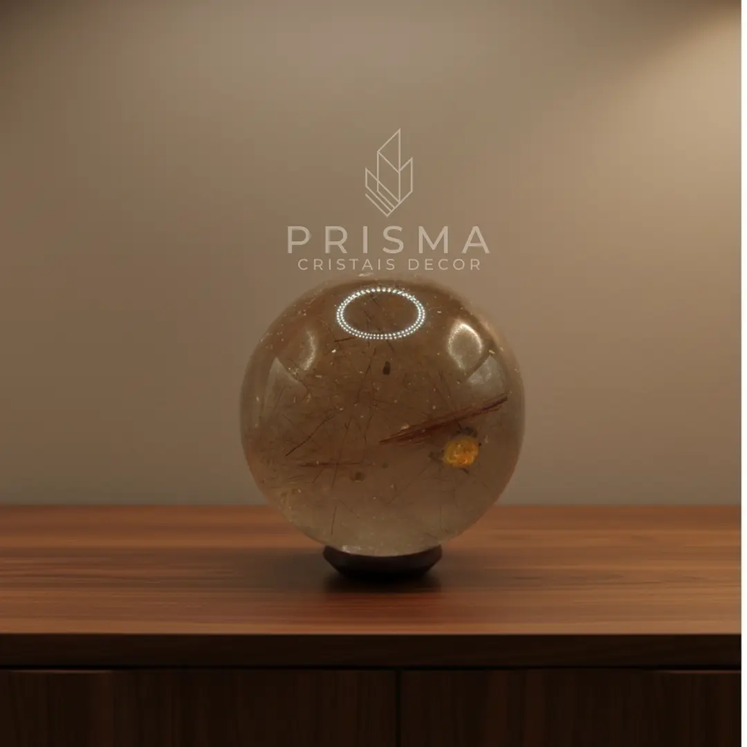 Esfera de Quartzo Fumê com Rútilo em Cobre vista lateral — filamentos dourados em cristal escuro polido à mão