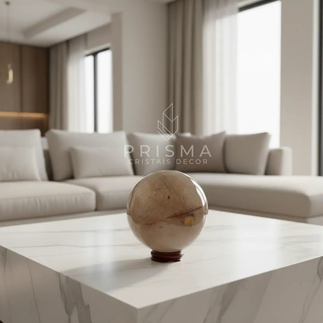 Esfera de Quartzo Fumê com Rútilo em Cobre — cristal decorativo de alto padrão para ambientes premium em Minas Gerais