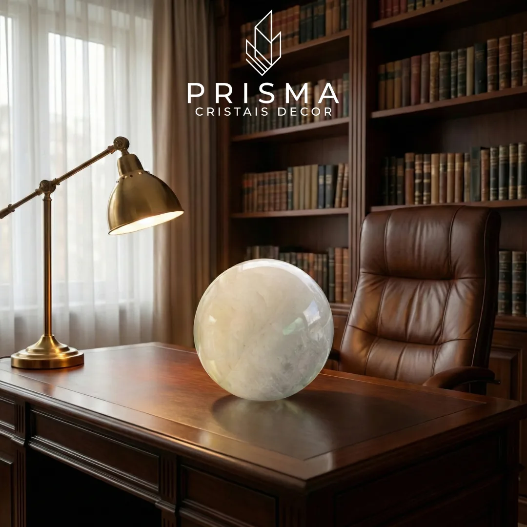Esfera de Quartzo Leitoso 21 cm — cristal branco leitoso lapidado à mão, peça decorativa premium