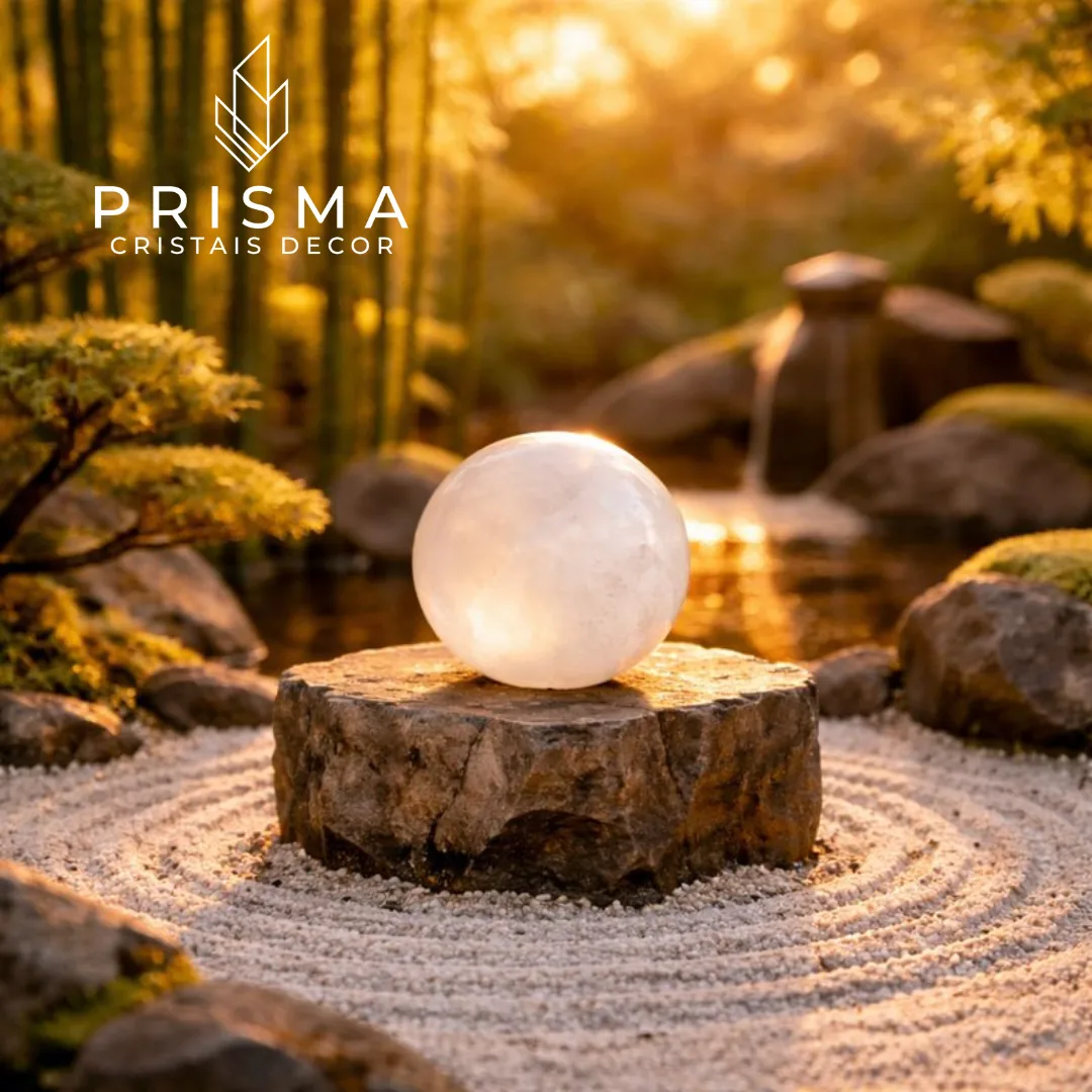 Detalhe do polimento e translucidez da Esfera de Quartzo Leitoso — cristal decorativo premium para residências de alto padrão BH