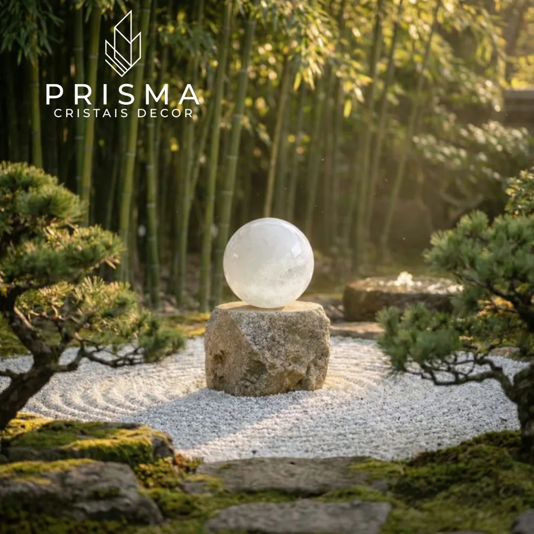 Esfera de Quartzo Leitoso 21 cm em composição decorativa de alto padrão — cristal natural para residências premium Nova Lima e região sul BH