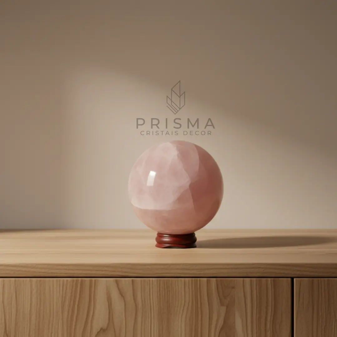 Esfera de Quartzo Rosa — vista lateral destacando lapidação artesanal e polimento espelhado premium