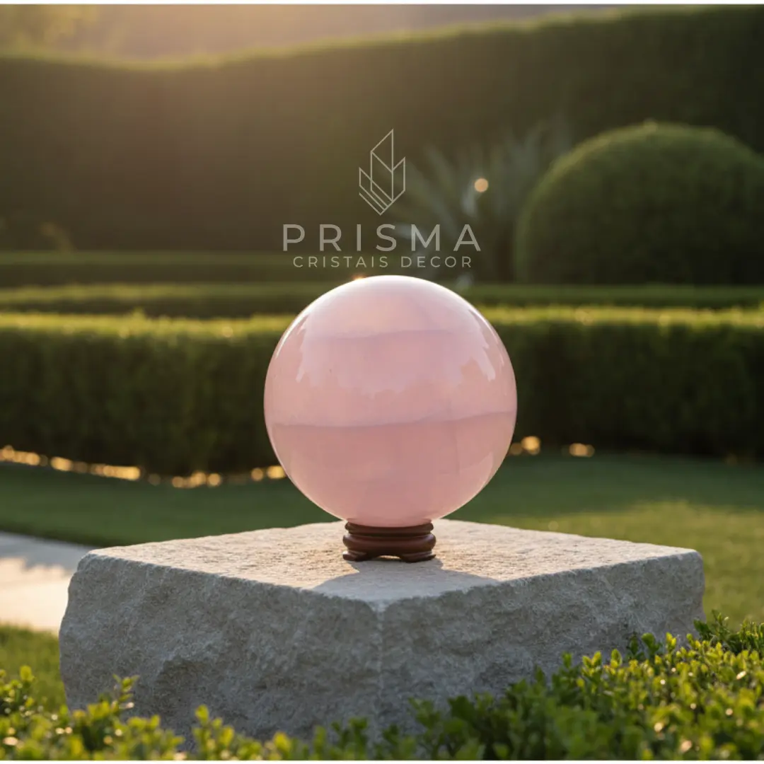 Esfera de Quartzo Rosa — tonalidade rosa translúcida em polimento espelhado — cristal decorativo premium Nova Lima MG