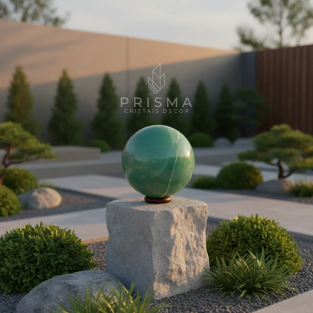 Esfera de Quartzo Verde (Aventurina) — verde vibrante com brilho cintilante das inclusões de mica — cristal decorativo premium Nova Lima MG