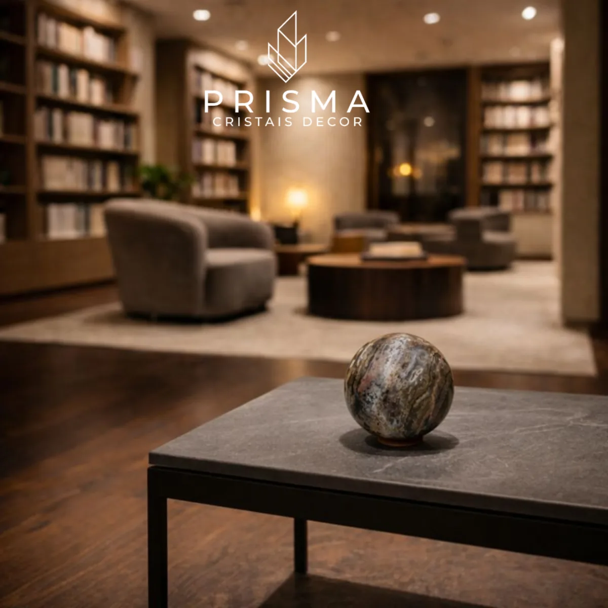 Esfera de Jaspe em sala de estar contemporânea - decoração premium sofisticada com cristal natural