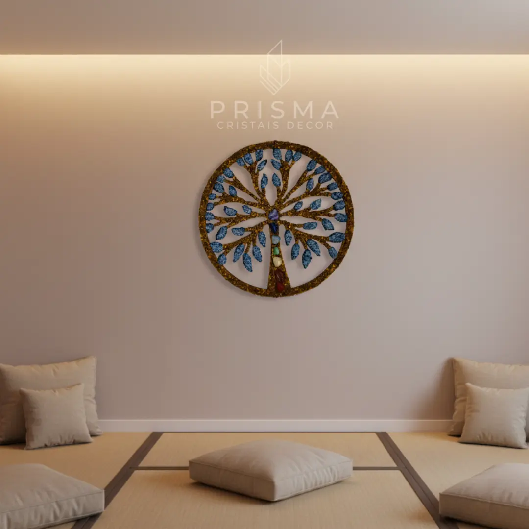 Mandala Árvore da Vida com cristais naturais — obra artesanal premium, símbolo universal de conexão cósmica