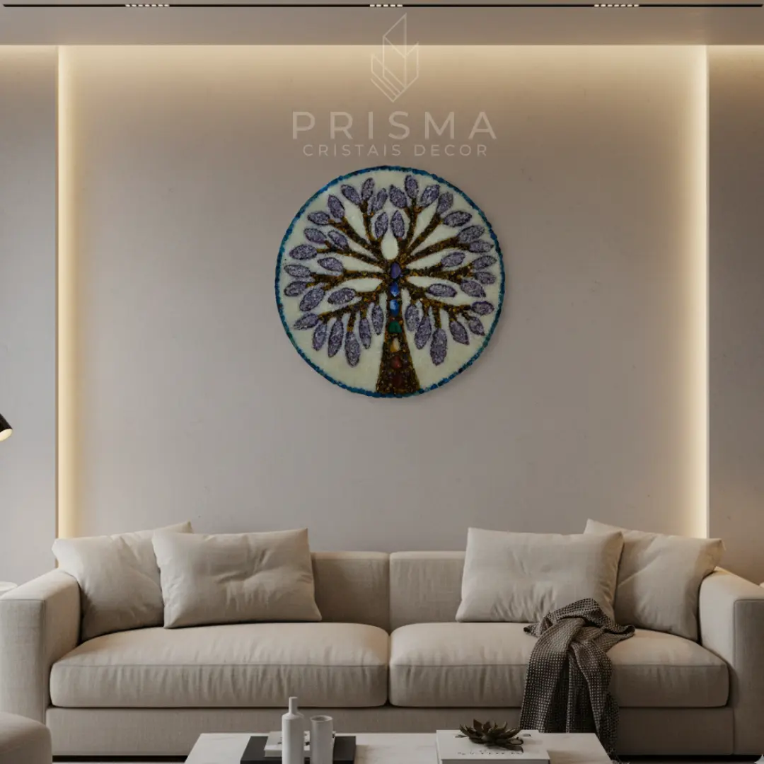 Mandala Árvore da Vida 2 com cristais naturais — peça artesanal de decoração premium com pedras naturais selecionadas