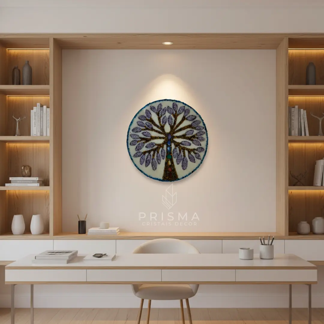 Mandala Árvore da Vida 2 com cristais — visão completa da peça artesanal em ambiente de decoração premium Nova Lima MG