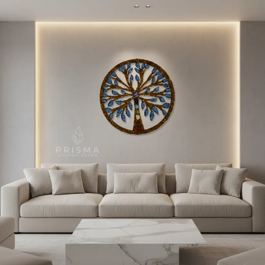 Detalhe da Mandala Árvore da Vida com cristais — textura dos cristais naturais e acabamento artesanal premium
