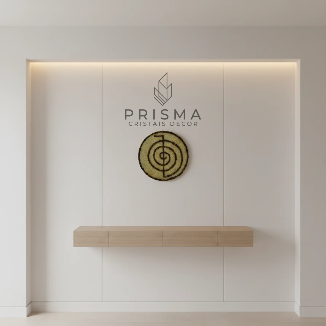 Vista completa da Mandala Espiral com cristais — símbolo de crescimento, evolução e força cósmica em decoração premium
