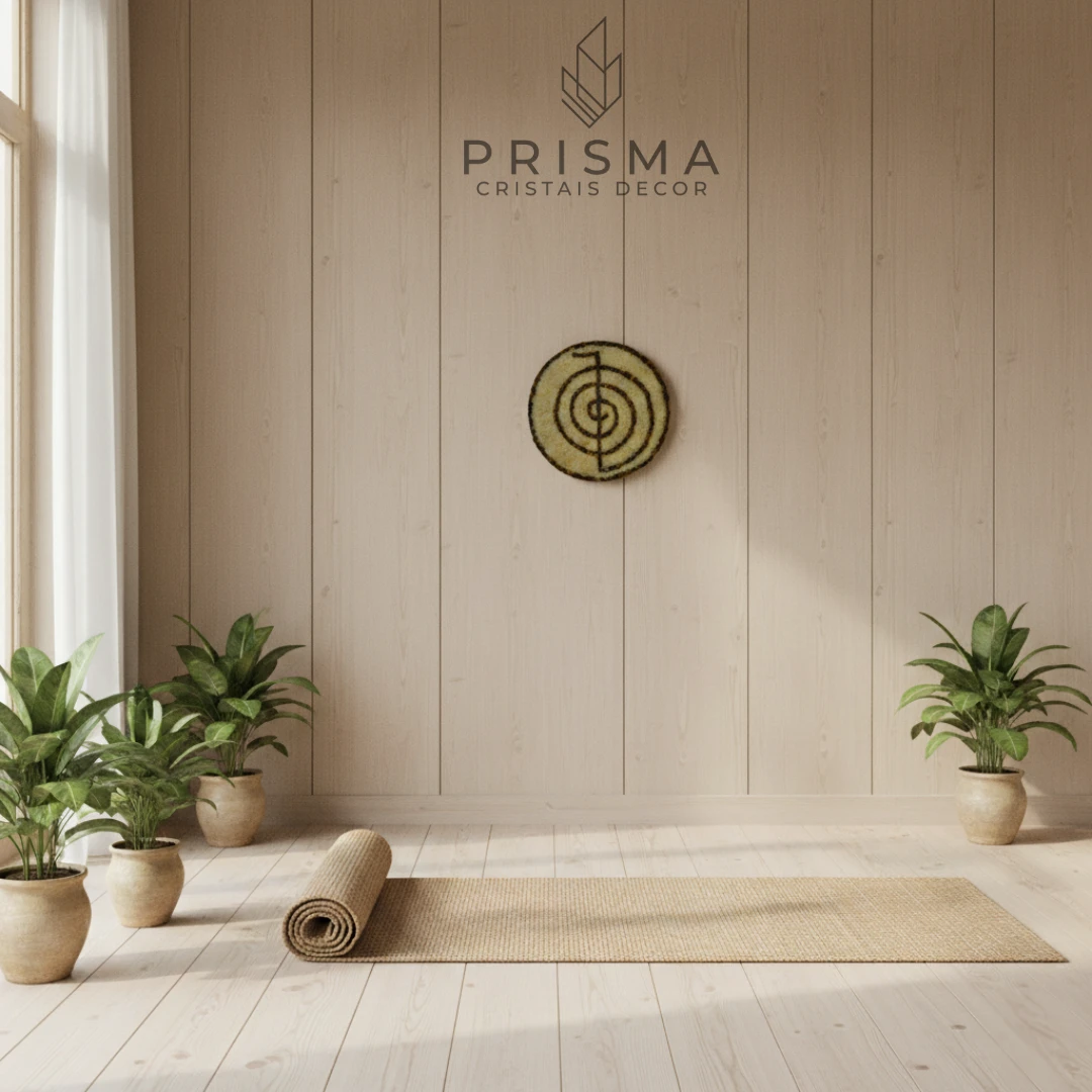 Detalhe dos cristais naturais na Mandala Espiral — geometria áurea e movimento visual em obra artesanal premium