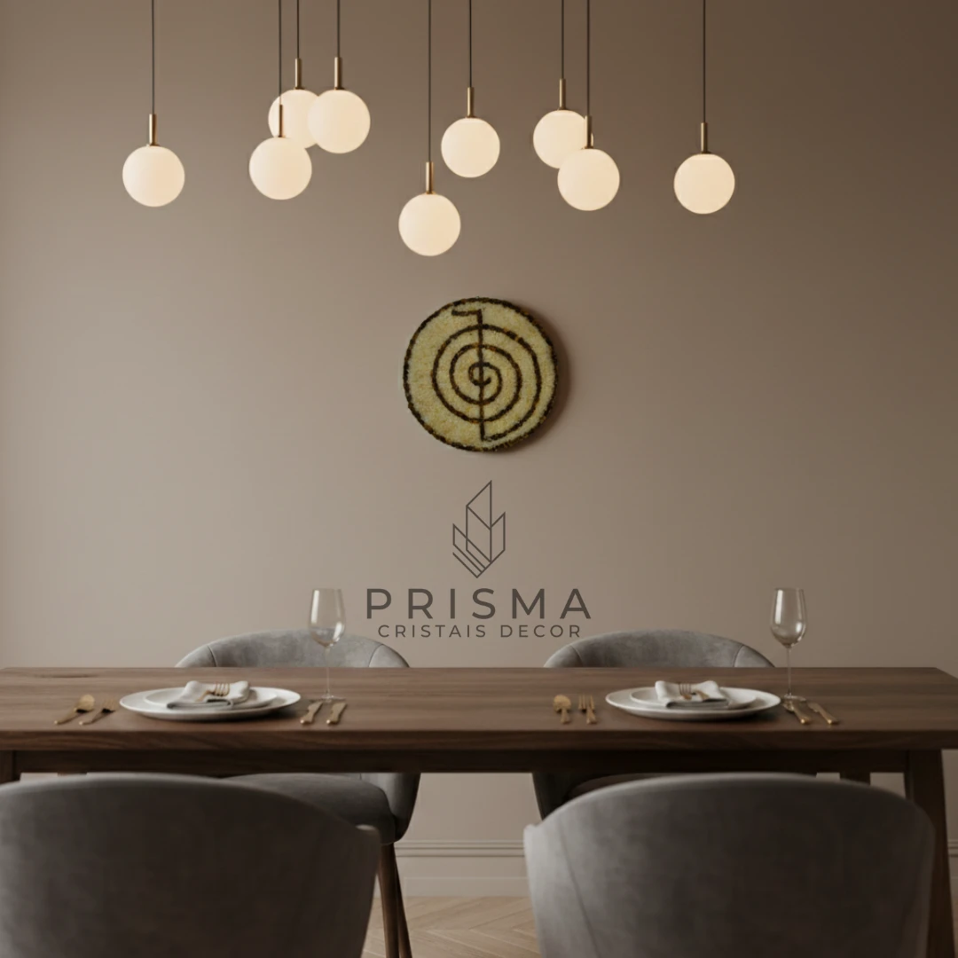 Mandala Espiral com cristais naturais — geometria de Fibonacci em obra artesanal premium Nova Lima MG