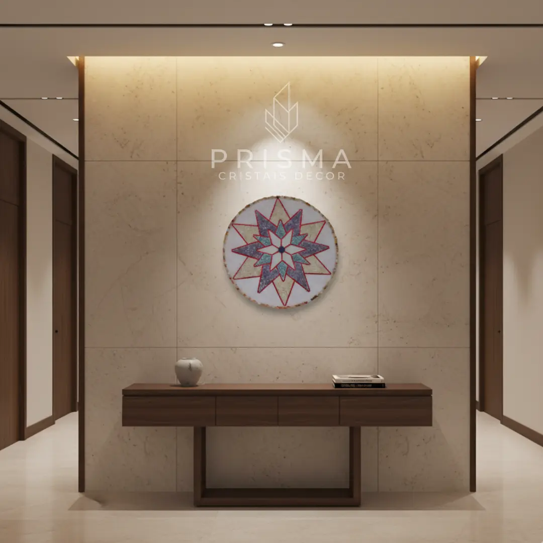 Mandala Estrela com cristais naturais — geometria sagrada hexagrama e Merkabah em obra artesanal premium Nova Lima MG