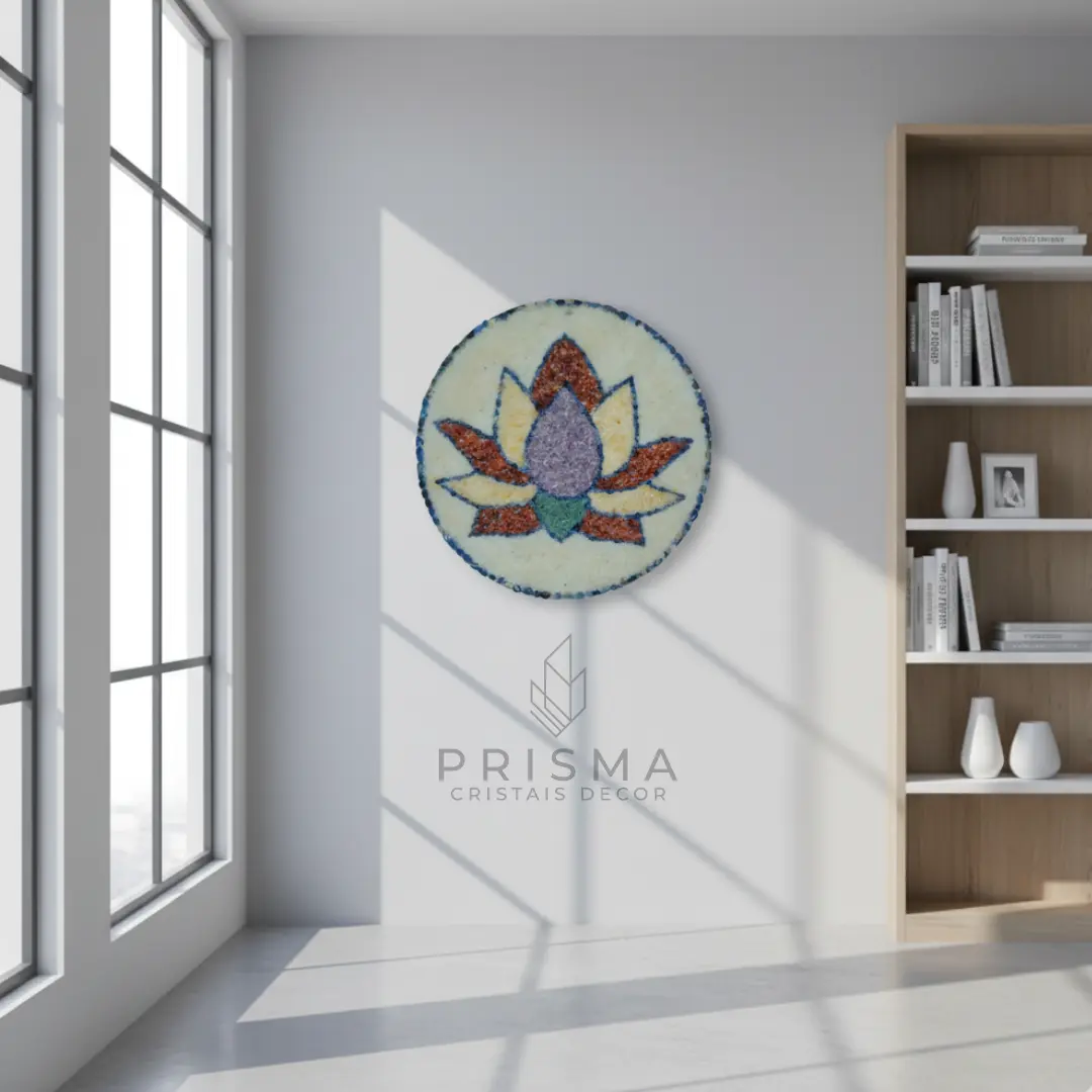 Detalhe da Mandala L&oacute;tus artesanal — pétalas geométricas em obra premium de decoração espiritual