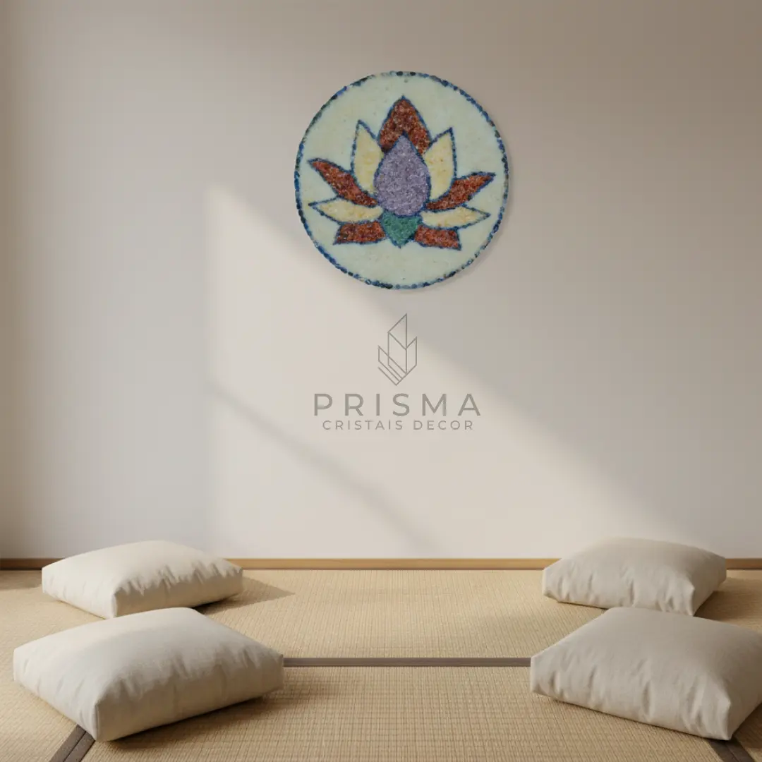 Vista completa da Mandala L&oacute;tus — geometria sagrada irradiando pétalas em obra artesanal de alto padrão