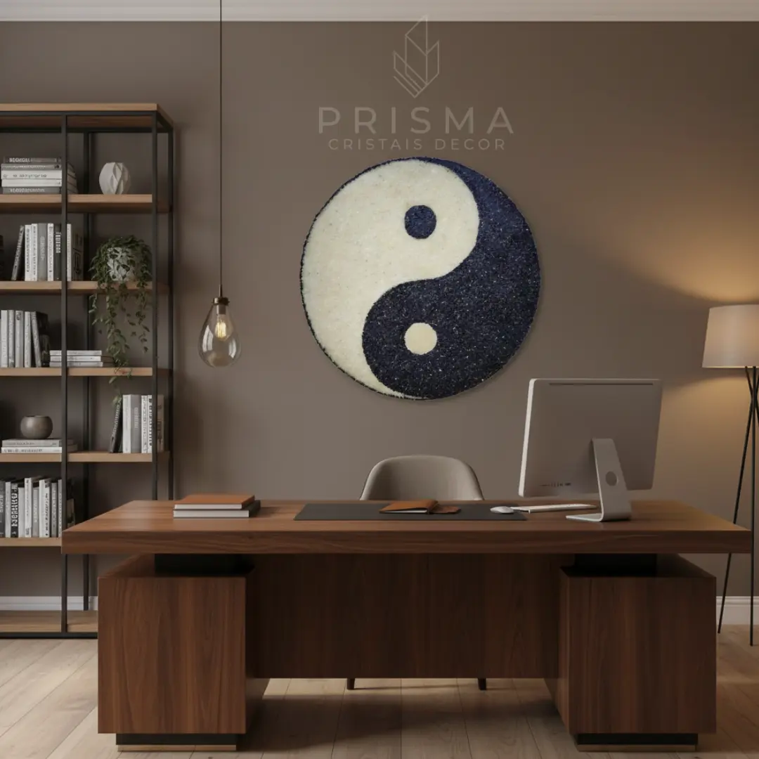 Vista completa da Mandala Yin Yang artesanal — geometria circular com equilíbrio entre luz e sombra obra premium