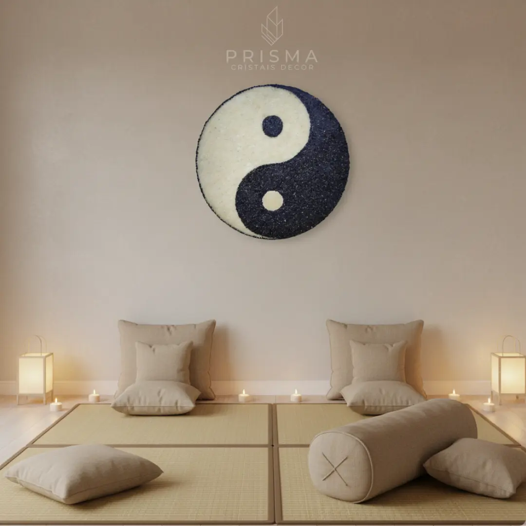 Mandala Yin Yang artesanal — detalhe da textura e acabamento em obra decorativa premium Nova Lima MG