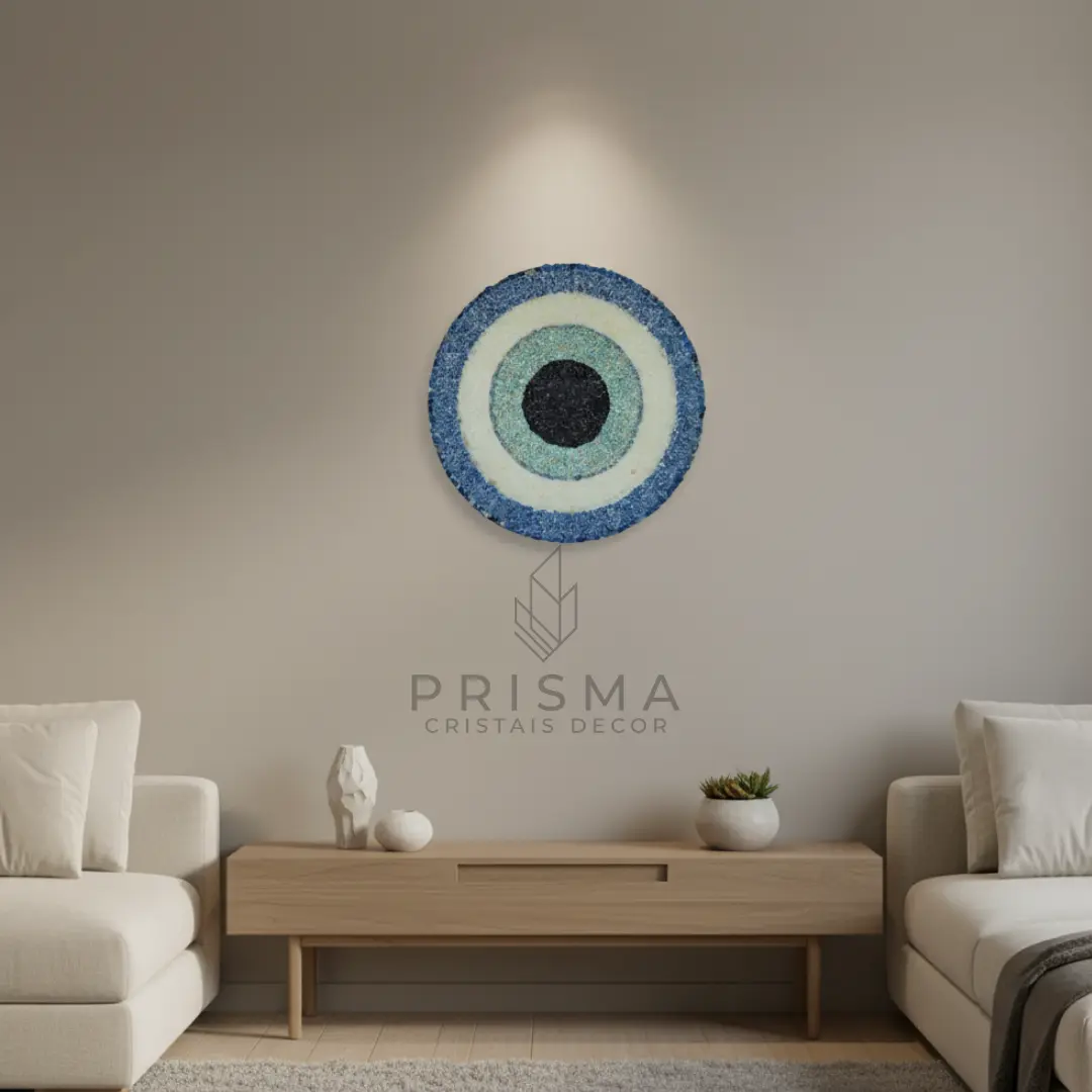 Vista completa da mandala com cristais naturais — símbolo de equilíbrio, totalidade e geometria sagrada em decoração premium