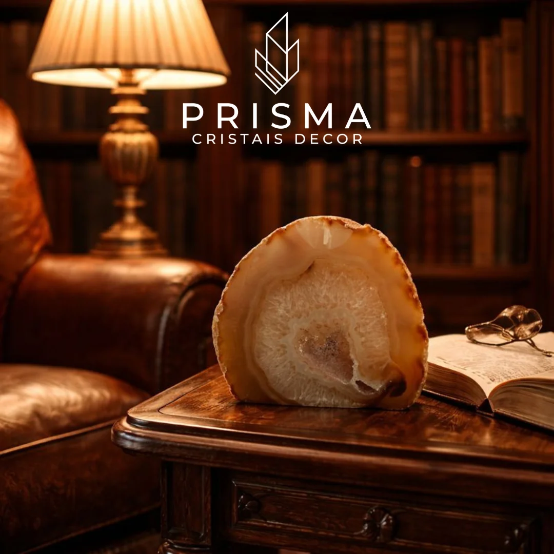 Mini Geodo de Ágata — vista lateral mostrando faixas concêntricas irrepetíveis, geodo natural premium Rio Grande do Sul Brasil