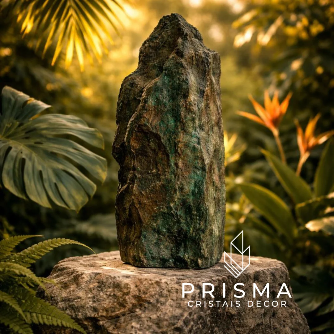 Ponta Bruta de Malaquita 53cm — cristal decorativo premium com faixas concêntricas únicas em estado bruto original