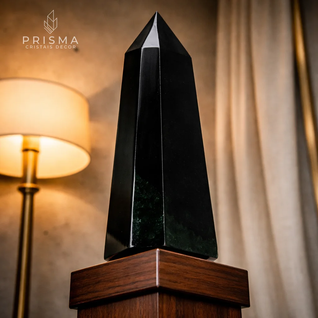 Ponta de Quartzo Preto 45cm em ambiente interno sofisticado — iluminação revela textura natural do Morion