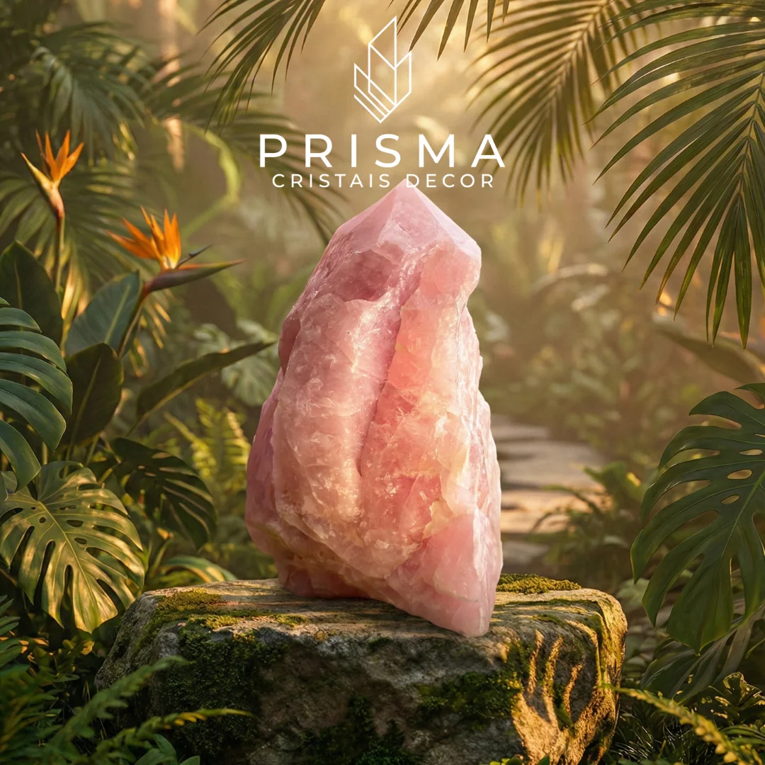 Ponta de Quartzo Rosa — detalhe da translucidez natural e facetas lapidadas do gerador de cristal