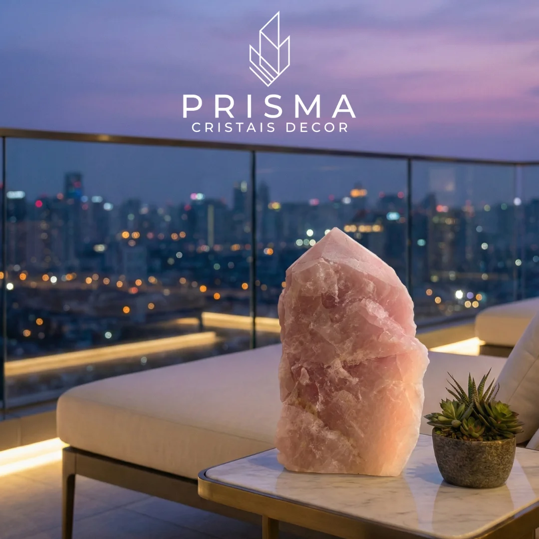 Ponta de Quartzo Rosa em ambiente de decoração de alto padrão — cristal natural irreproduzível