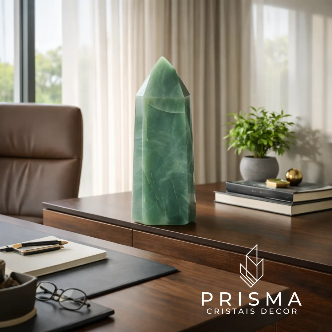 Ponta de Quartzo Verde 38cm — obelisco de prasiolita brasileira, cura e prosperidade, decoração alto padrão Nova Lima