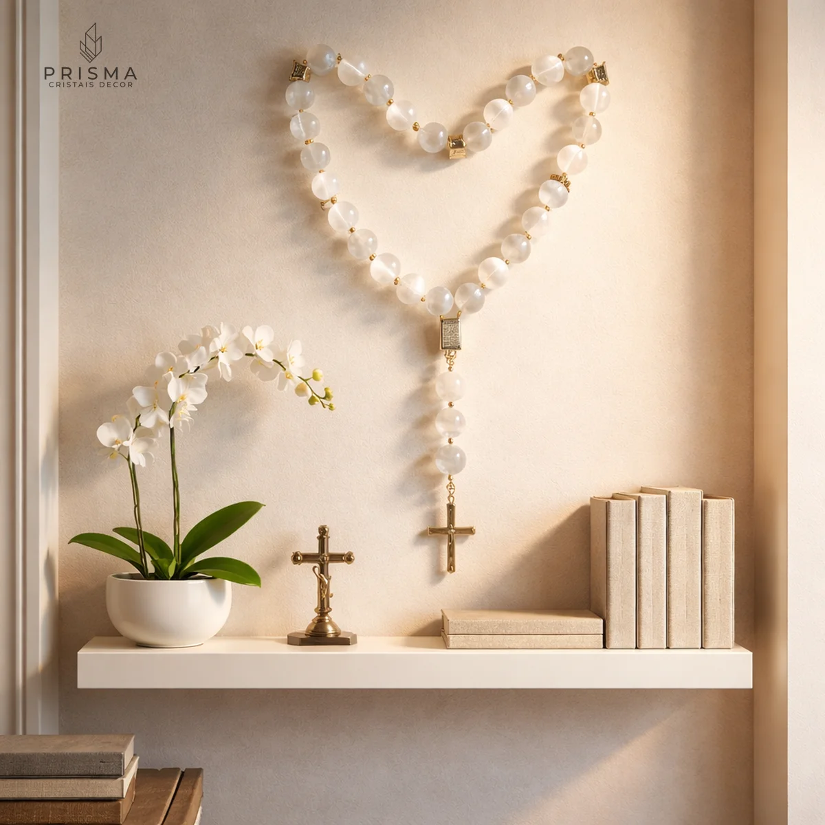 Terço de parede de esferas de selenita branca — pedra da lua, arte sacra contemporânea, decoração premium Nova Lima