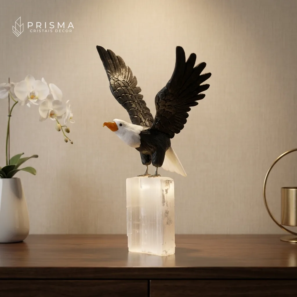 Escultura de águia em dolomita preta, calcita branca, ágata e selenita — decoração de alto padrão Nova Lima