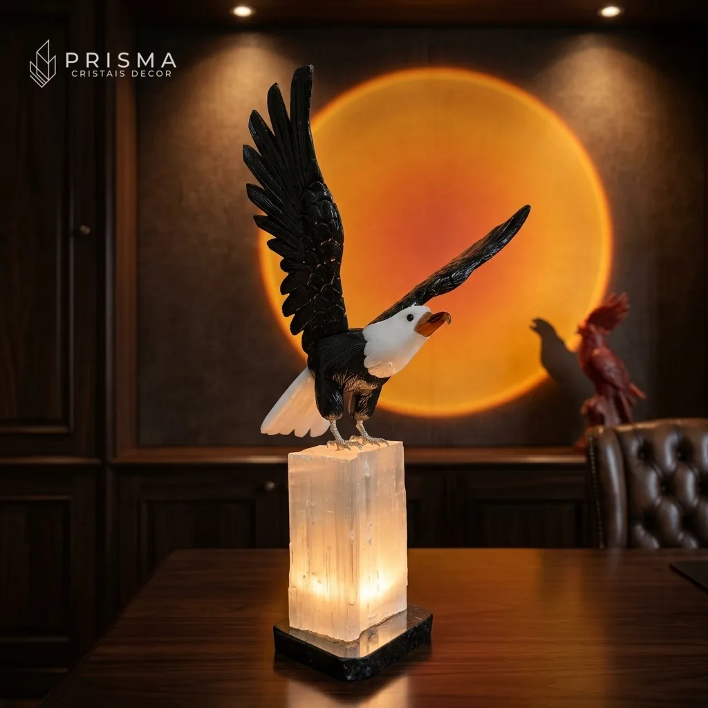 Escultura de águia em cristais com base de selenita iluminada em escritório executivo de alto padrão — decoração premium Nova Lima Belo Horizonte