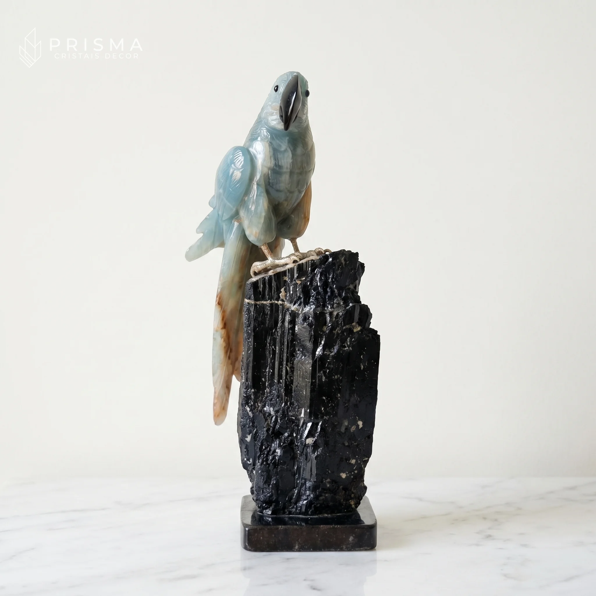 Arara Ônix Azul em composição minimalista sobre mármore branco — veios naturais visíveis, luz natural difusa