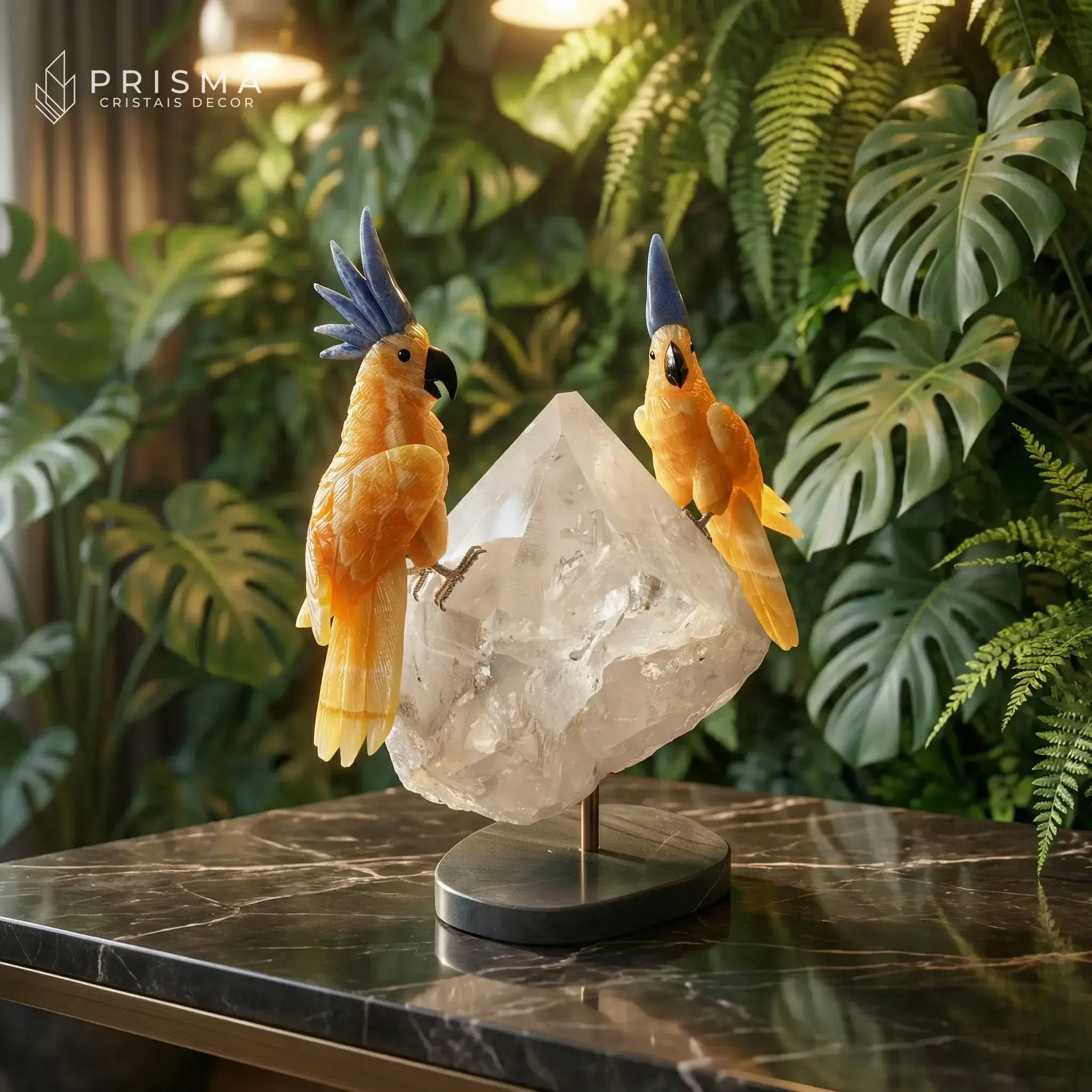 Casal de cacatuas em calcita laranja mexicana em ambiente biofílico com vegetação — decoração de alto padrão Nova Lima MG