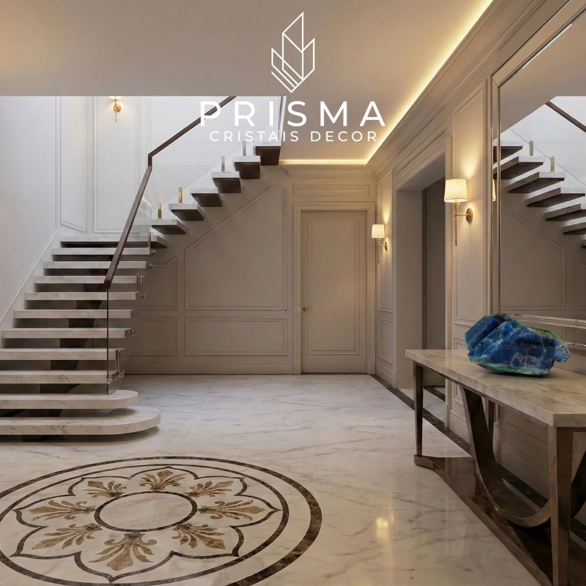 Canudo de Apatita Azul Natural em hall de entrada clássico — cristal decorativo premium Prisma Cristais