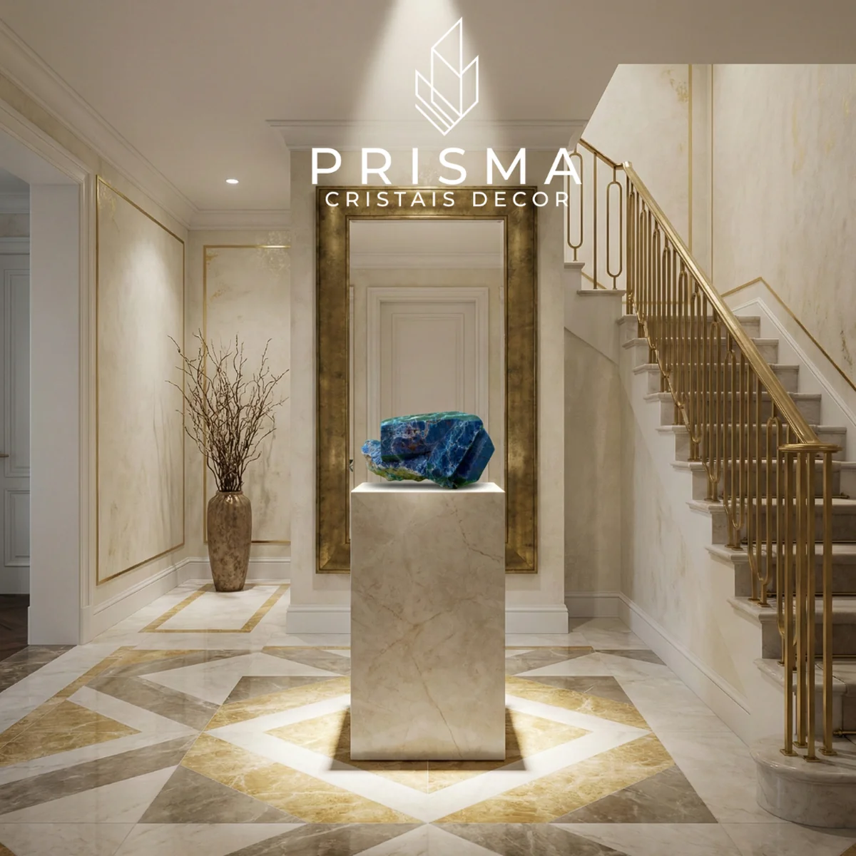 Canudo de Apatita Azul sobre pedestal de mármore em hall contemporâneo com detalhes em dourado — decoração cristais Nova Lima