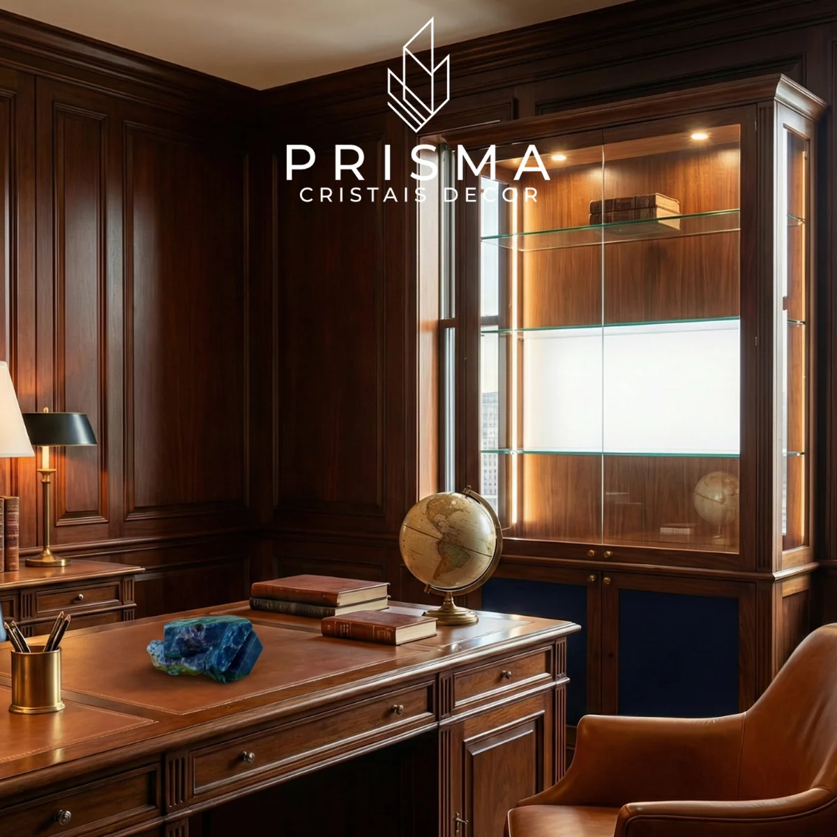 Canudo de Apatita Azul Natural em escritório clássico de alto padrão com móveis de madeira escura — cristal decorativo BH