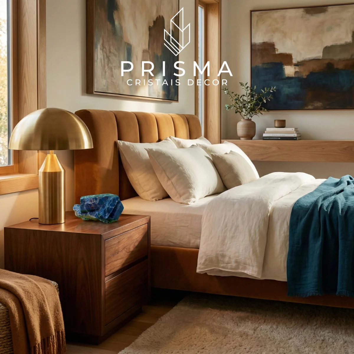 Canudo de Apatita Azul Natural em quarto de casal contemporâneo com mesa de cabeceira em nogueira — decoração cristais Minas Gerais