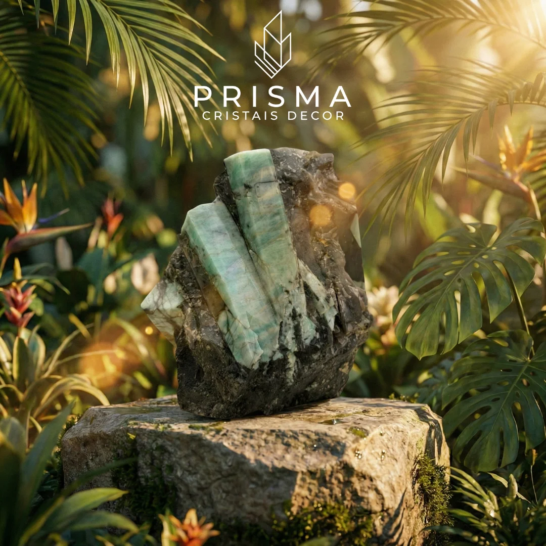 Detalhe do cristal de Esmeralda na base de Xisto — tonalidade verde translúcida com inclusões naturais visíveis