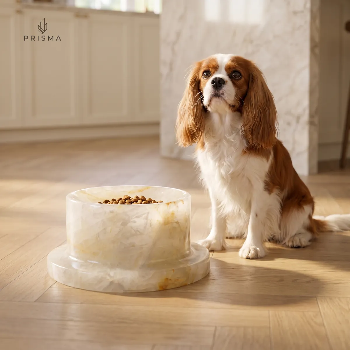 Cachorro Cavalier King Charles ao lado do comedouro elevado em quartzo hematoide, em cozinha de alto padrão em Belo Horizonte