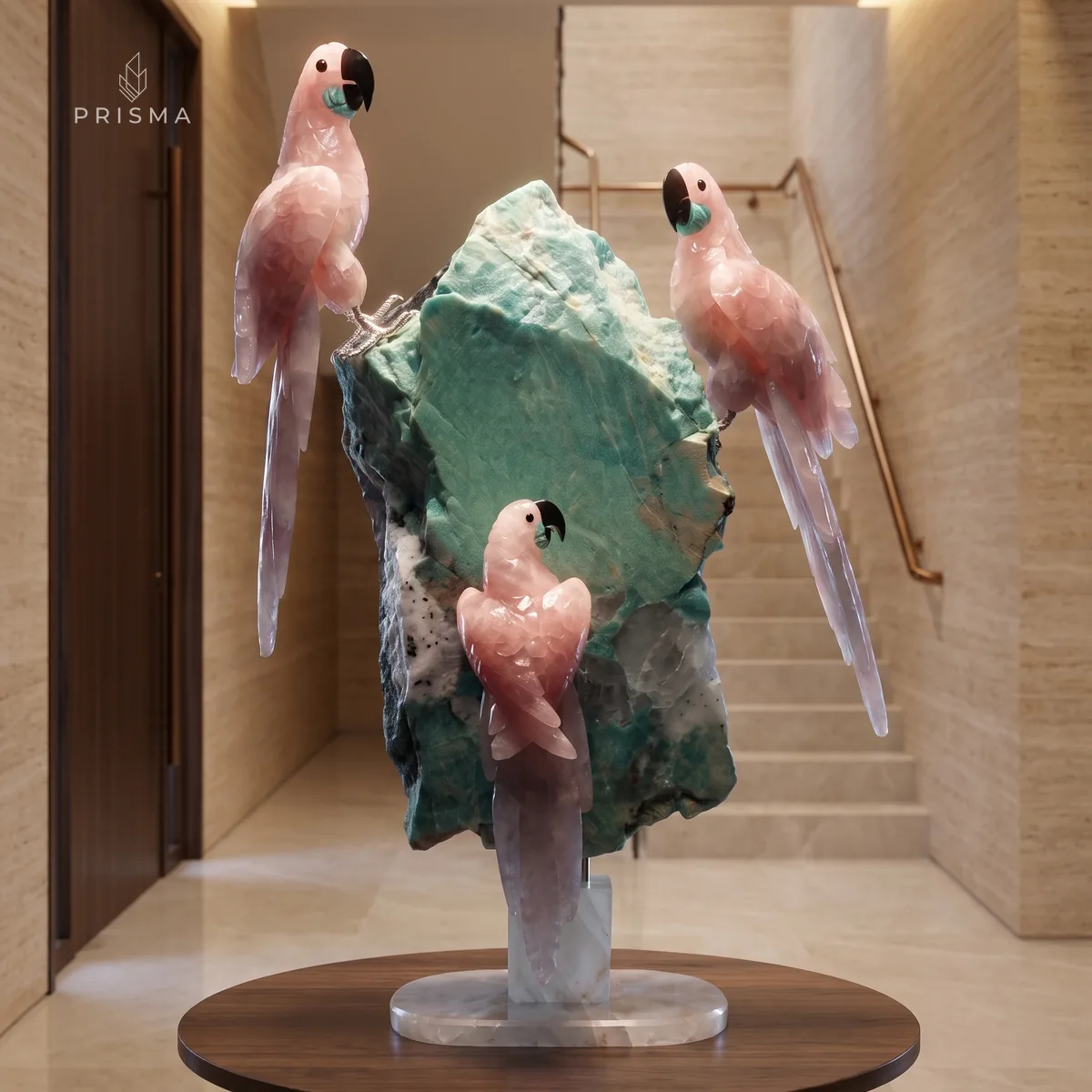 Escultura de araras em quartzo rosa e amazonita em hall de entrada com paredes de pedra clara, decoração de alto padrão em Belo Horizonte