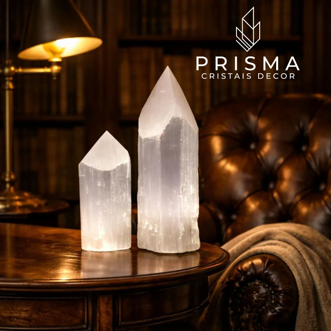 Ponta de Selenita biterminada translúcida — cristal da lua para decoração premium Nova Lima MG