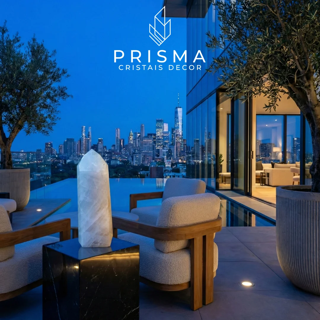 Ponta de Quartzo Leitoso em terraço de design premium ao entardecer — decoração com cristais de alto padrão Nova Lima