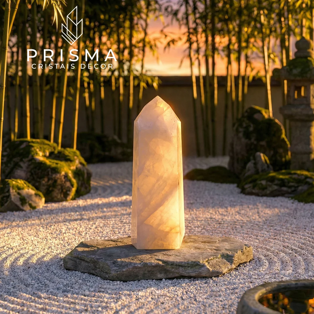 Ponta de Quartzo Leitoso em jardim zen — cristal natural em ambiente espiritual e meditativo